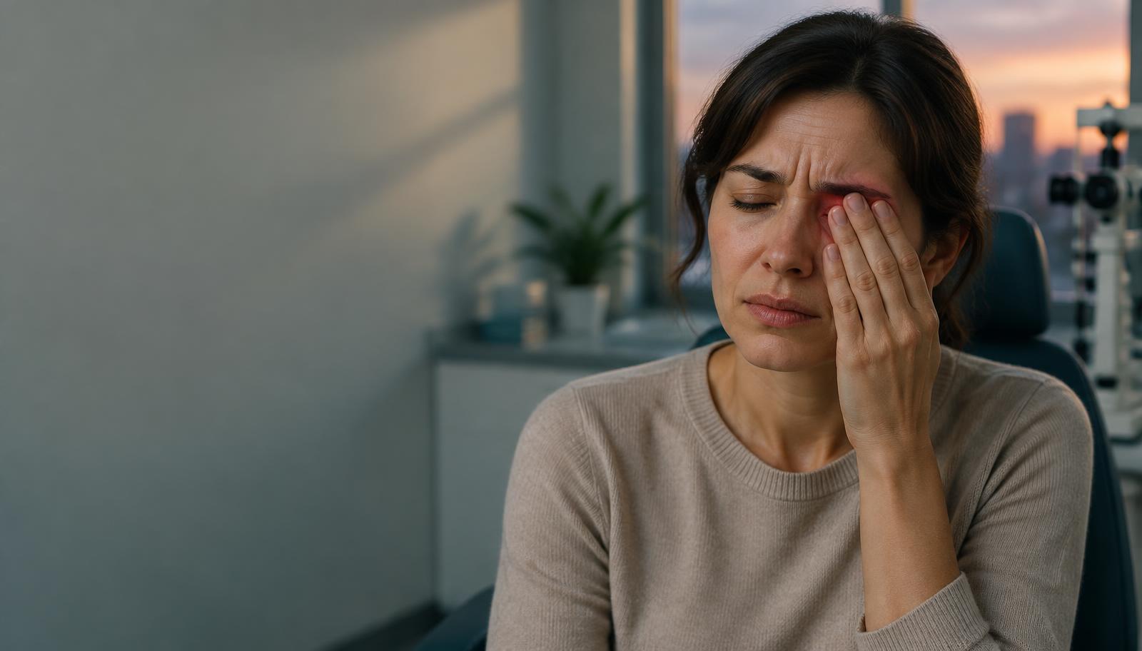 Patient holding a hand over a painful eye while waiting for after-hours emergency eye care